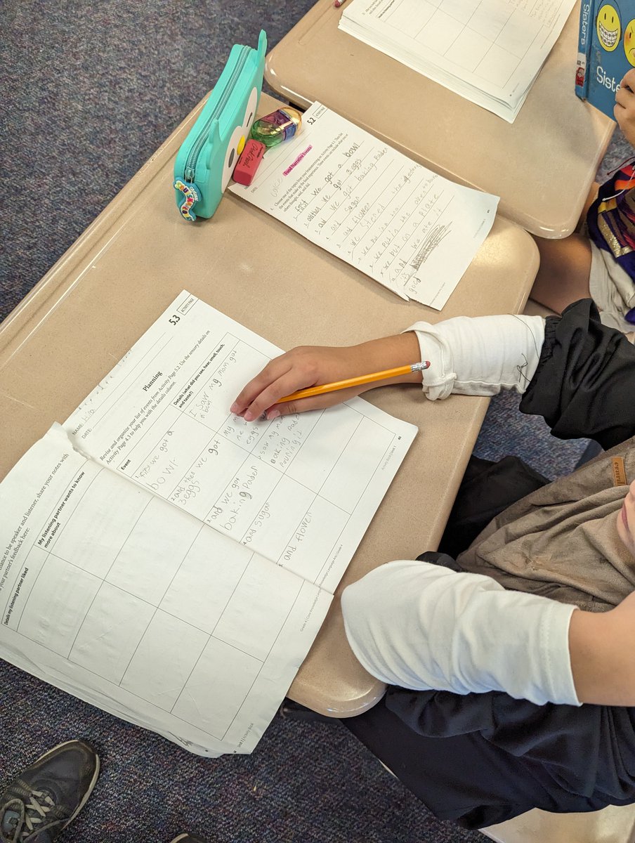 Day 19: In today's Amplify CKLA lesson, we continued to plan our personal narratives about a food memory. Today we wrote each event from the narrative, and then we thought of sensory details we could tie to each event to help bring our stories to life for the reader.