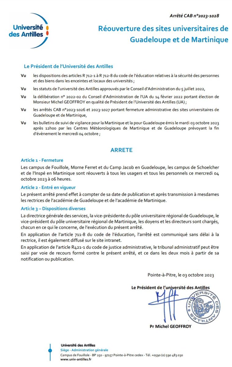 Communiqué UFR STE. 
Les cours reprennent ce mercredi 4 octobre à 8h à l'UFR-STE conformément à l'arrêté du président de l'université.