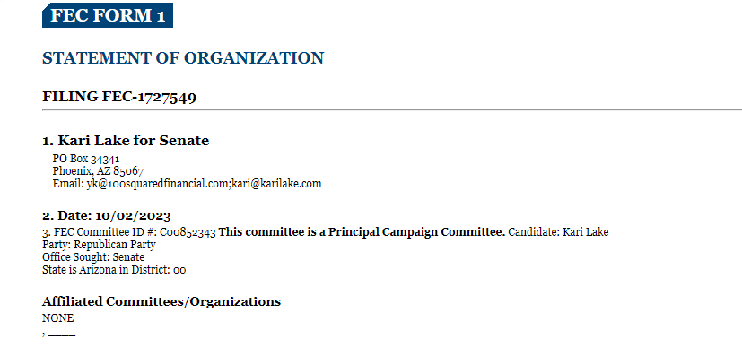 Garrett_Archer's tweet photo. JUST IN: Kari Lake has filed her Statement of Organization to run for US Senate in Arizona.

https://t.co/W9NSszsRzW https://t.co/jlTF1hL7AY