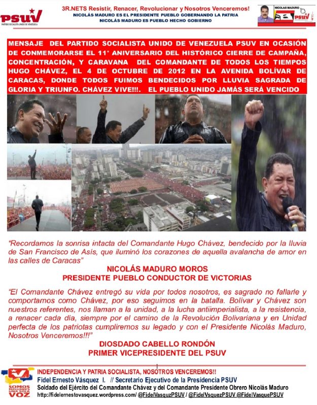Mensaje del PSUV en conmemoración del 11° aniversario del histórico cierre de campaña del Comandante Chávez goo.su/AKMUWT 

<a href="/NicolasMaduro/">Nicolás Maduro</a> 
<a href="/dcabellor/">Diosdado Cabello R</a> 
<a href="/FidelVasquzPSUV/">FIDEL E. VASQUEZ I.</a> 
#QueNotaRegresarAClases