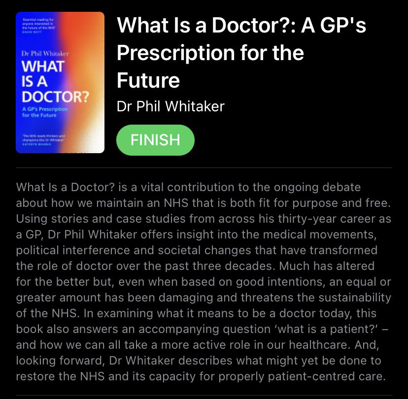 I have just finished #whatisadoctor? written by @pwhitakerwriter .
Really excellent book showing  how we may save general practice. 
Continuity of care, too much Medicine,  supporting the work force…
Every chapter a gem.