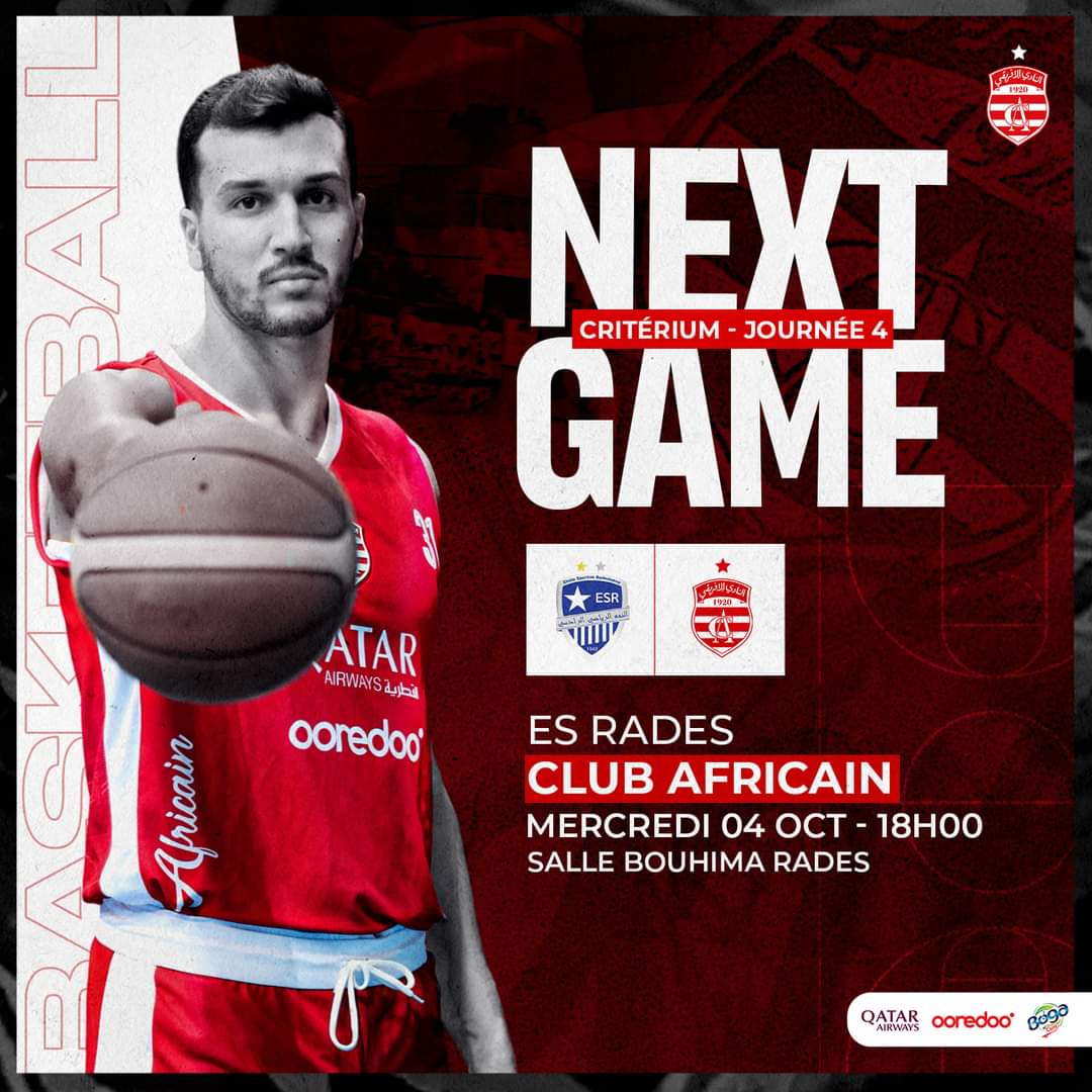 clubafricain's tweet photo. #Basketball ⚪ 𝐍𝐄𝐗𝐓-𝐌𝐀𝐓𝐂𝐇 🏀  J 4️⃣ #ESRCA
 Etoile Sportive Radesienne #ClubAfricain 🔴⚪
📍 Salle Bouhima - Radès 
📆 Mercredi 04 Octobre 2023 🕔 18H
🏆 critérium
 #الإفريقي_تعيش 🇦🇹 https://t.co/rUIqLfdi1d