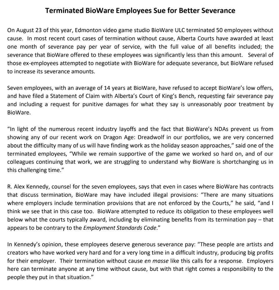 ethangach's tweet photo. Seven of the 50 BioWare employees who were laid off in August are sueing the Dragon Age maker for better severance. 

"We are struggling to understand why BioWare is shortchanging us in this challenging time." https://t.co/6117SXykHW