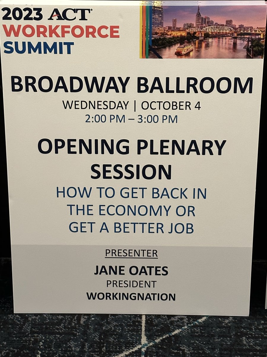 WorkingNation's tweet photo. WorkingNation’s president, @Oates_Jane, will be speaking at the 2023 ACT Workforce Summit in Nashville tomorrow on assessing transferable #skills, identifying #InDemandJobs, and defining what a #QualityJob is for you.
Swing by if you're attending.
@ACTStudent https://t.co/YS9ABNNdjE