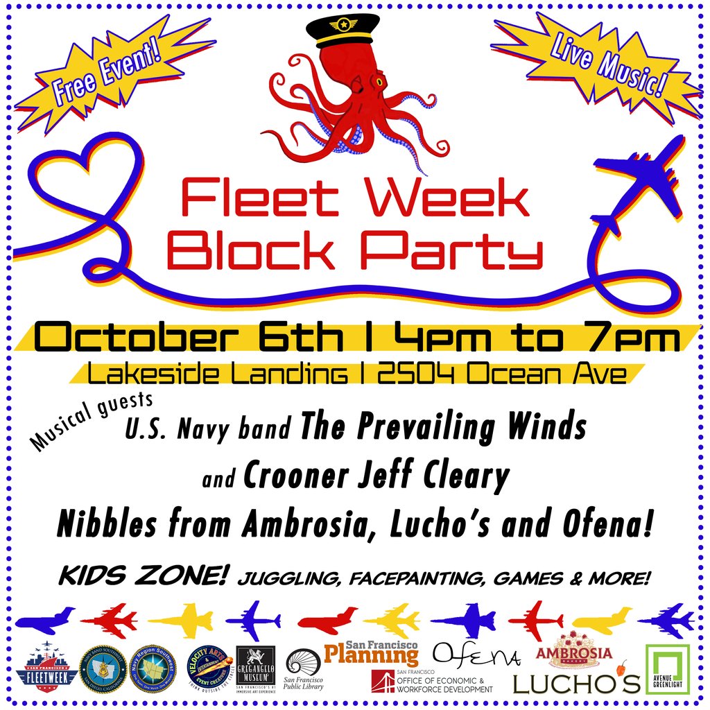 Fleet Week Block Party at Lakeside Landing! Friday Oct 6, 4PM to 7PM, join us for this FREE Party. Meet your neighbors and new friends. Enjoy live music, nibbles from @luchos_sf, @ofenasf , and @ambrosiabakerysf (while supplies last), the fun-filled Kids' Zone, and more!