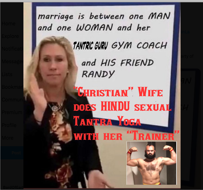 BardOfEarth2's tweet photo. @caringguy1957 @MselliemartMart @RepMTG #MarjorieTaylorGreene is as "faithful" to #America, #Christian'ity, and #USA Government as she WAS to her Husband-who DIVORCED you for #Cheating #Adultery #FaithLESSness.
Admit it Marge, u want #DICtator #trump to be your next #TantricGuru
The facts #Georgia
#GA14 https://t.co/7z2SbTvqtR