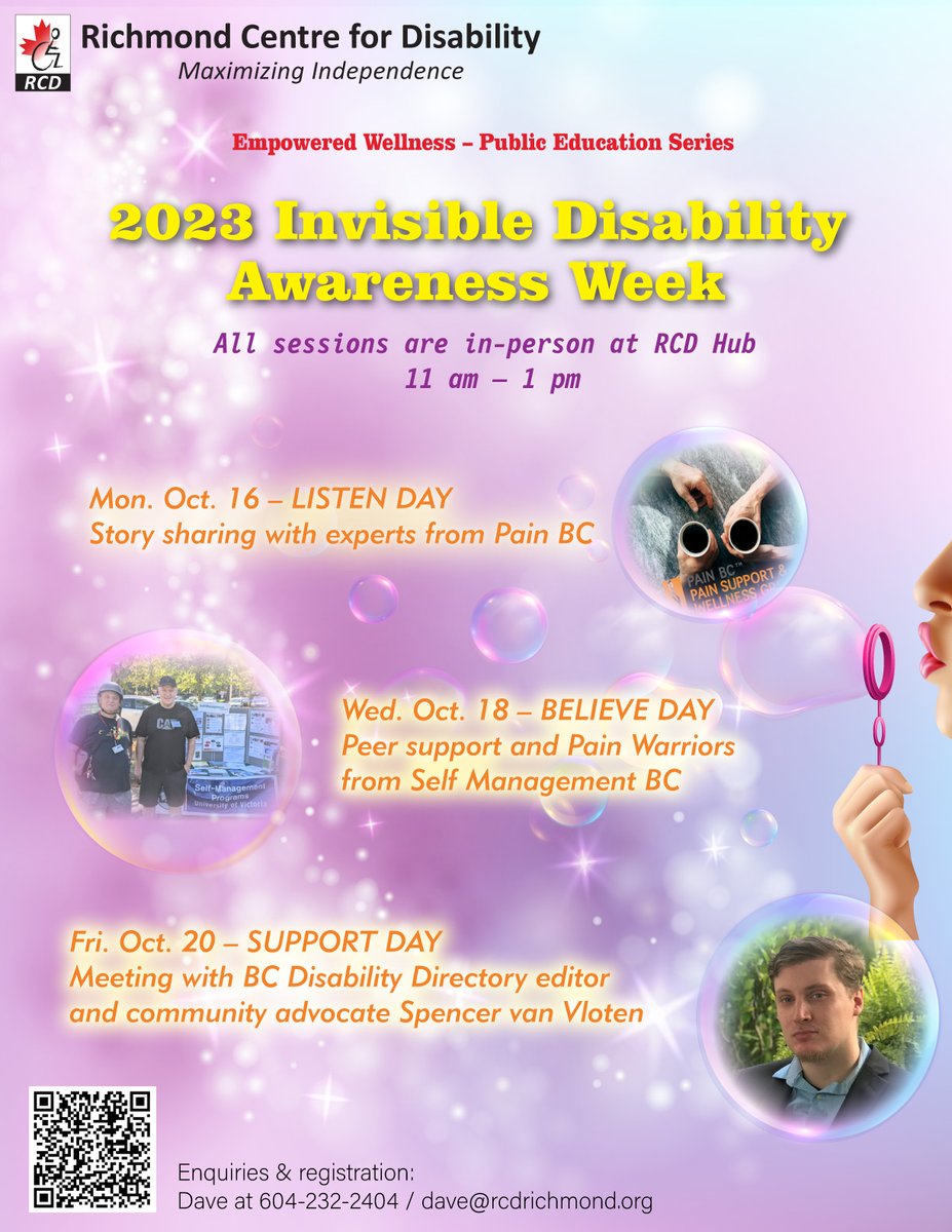 RCD_Richmond's tweet photo. Everyone welcome to 2023 #RCD #InvisibleDisabilityAwarenessWeek 3 events: Listen, Believe, Support; join in-person at the RCD; meet guests from #PainBC #SelfManagementBC #BCDisability #SpencervanVloten
#DisabilityAwareness #CommunityAdvocate #NothingAboutUsWithoutUs https://t.co/nrmwjeqflo
