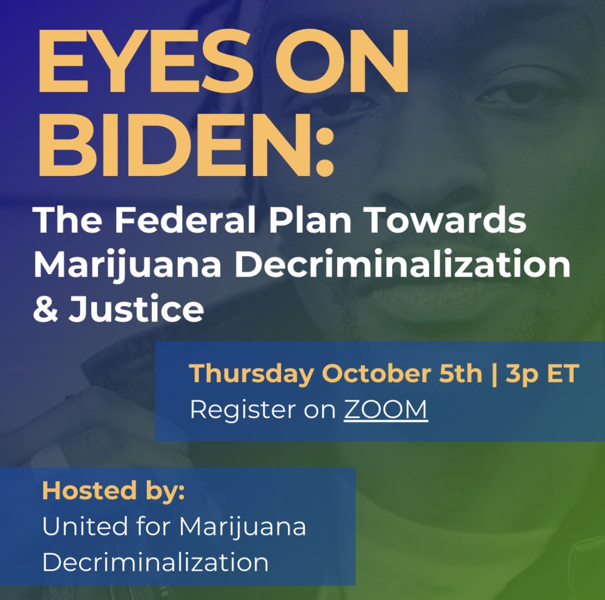 Thursday 3pEST join us for

EYES ON BIDEN: The Federal Plan towards Decrim &amp; Justice 

We offer a brief over the last year since Biden’s Pardon Announcement + how we can assure Biden keeps his promise to decriminalize, JOIN US!