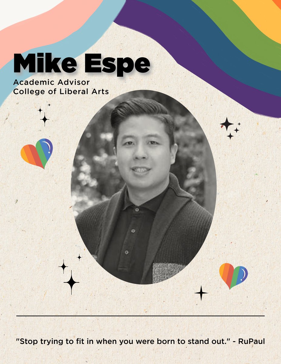 ProvostKSG's tweet photo. #OUTober Today we honor Academic Advisor for the College of Liberal Arts, Mark Espe. Espe is a first-generation gay Pilipino-American born and raised in Los Angeles.
His commitment to authenticity exhibits the love and joy our campus exudes to one another, and ourselves. https://t.co/qBmkt0BNzc