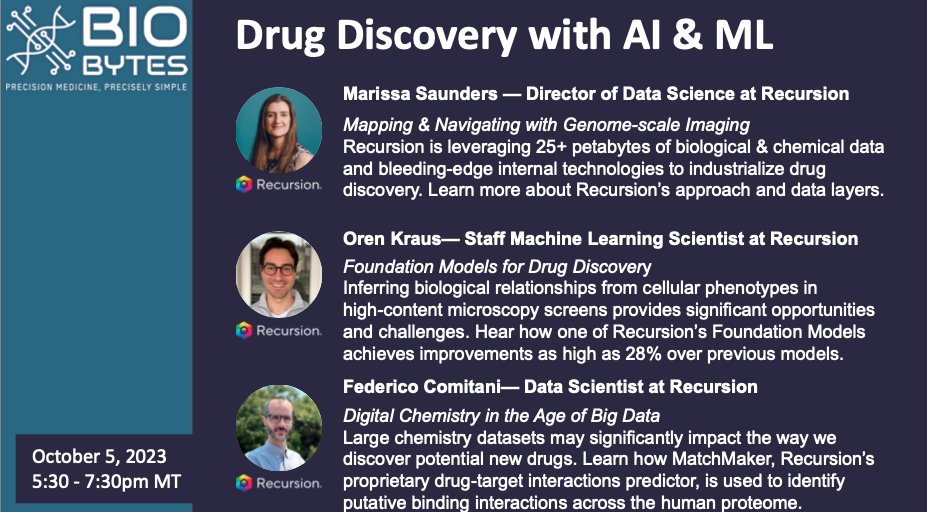 RecursionPharma's tweet photo. We’re hosting the October #BioBytes meetup at Recursion HQ this Thursday, October 5 from 5:30 - 7:30pm. RSVP to attend virtually or in person at https://t.co/8HthZgTuT3. We hope to see you there!
#biotech #techbio #ai #ML https://t.co/NECfIRJlcv