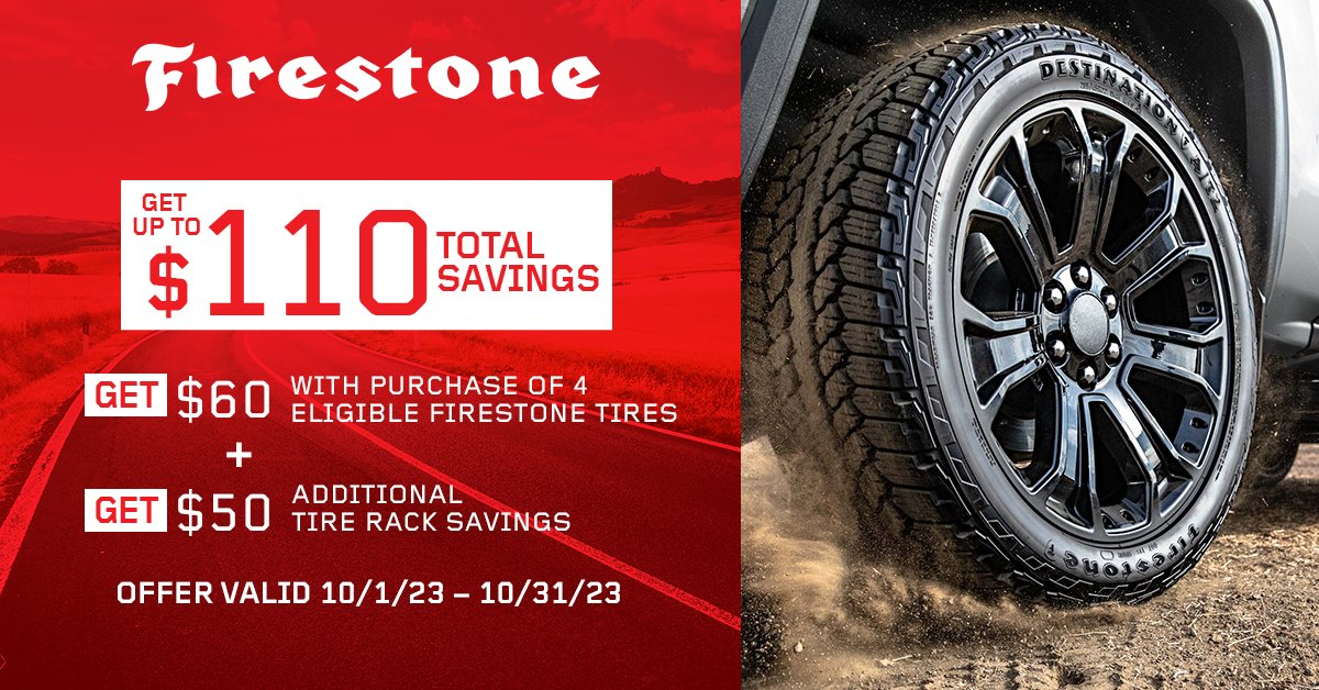 Conquer the fall season with Firestone! Purchase a set of four select Firestone tires and receive a $60 Firestone Visa Prepaid Card by mail.bit.ly/48EiMo1
