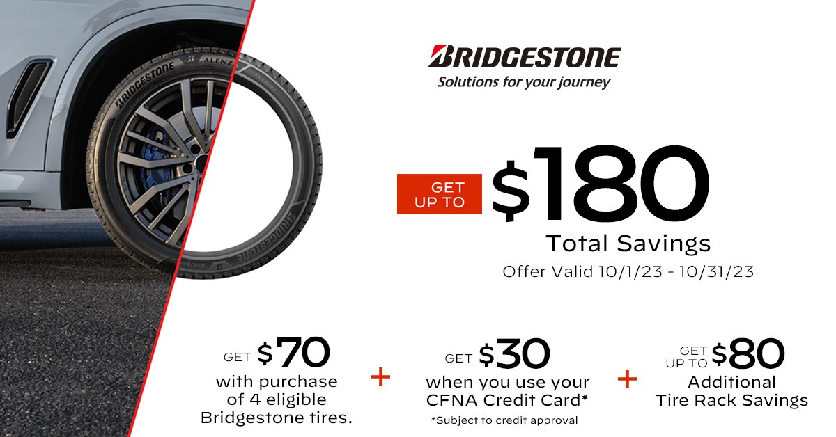 Fall savings are in the air! Purchase a set of four select Bridgestone tires and receive $70 back by mail on a Bridgestone Visa Prepaid Card. bit.ly/3Q2Mnk2