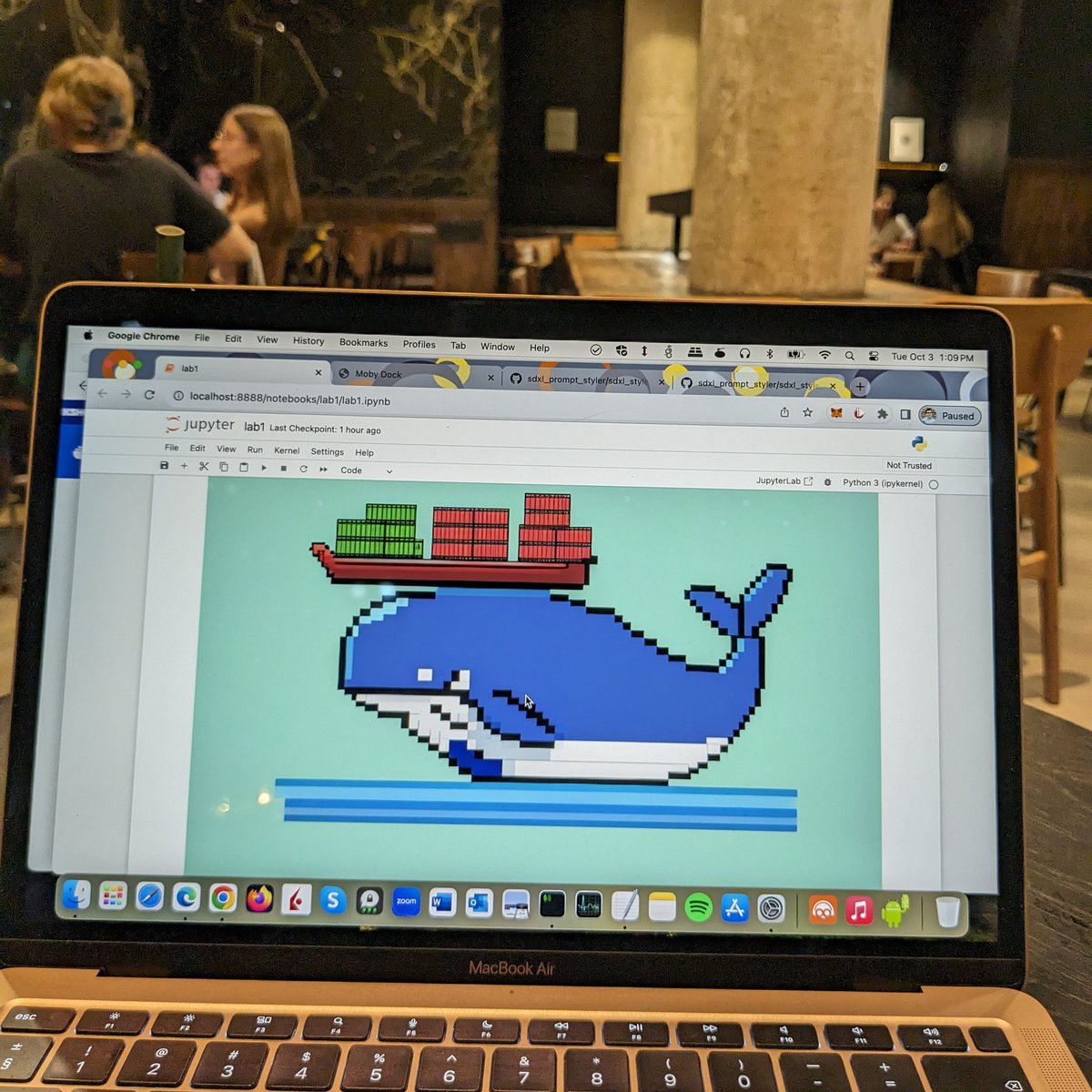 jackb0rg's tweet image. Kudos to @OctoML &amp;amp; @Docker for showcasing a complete #GenAI pipeline with CLIP-Interrogator, Llama 2, Stable Diffusion XL containers taking #MobyDock 🐳 from 🖼️-to-text, transformed prompt, and back to image (Cinematic &amp;amp; Pixel art styles) at today&apos;s #DockerCon23 lab. #DockerCon
