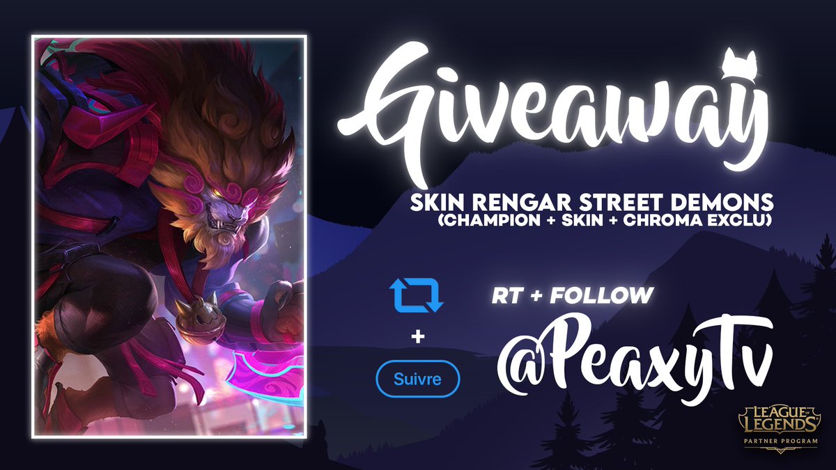 Instant #Giveaway grâce au #LeaguePartner !

🎁 5 Skins Rengar Street Demons à Gagner (Champion + Skin + Chroma Exclusif)

🔁RT ce tweet
✅Follow <a href="/PeaxyTV/">Peaxy ❀˖°</a>

TAS prévu le 22 Octobre, bonne chance à tous !
5 autres codes à gagner sur twitch.tv/peaxy