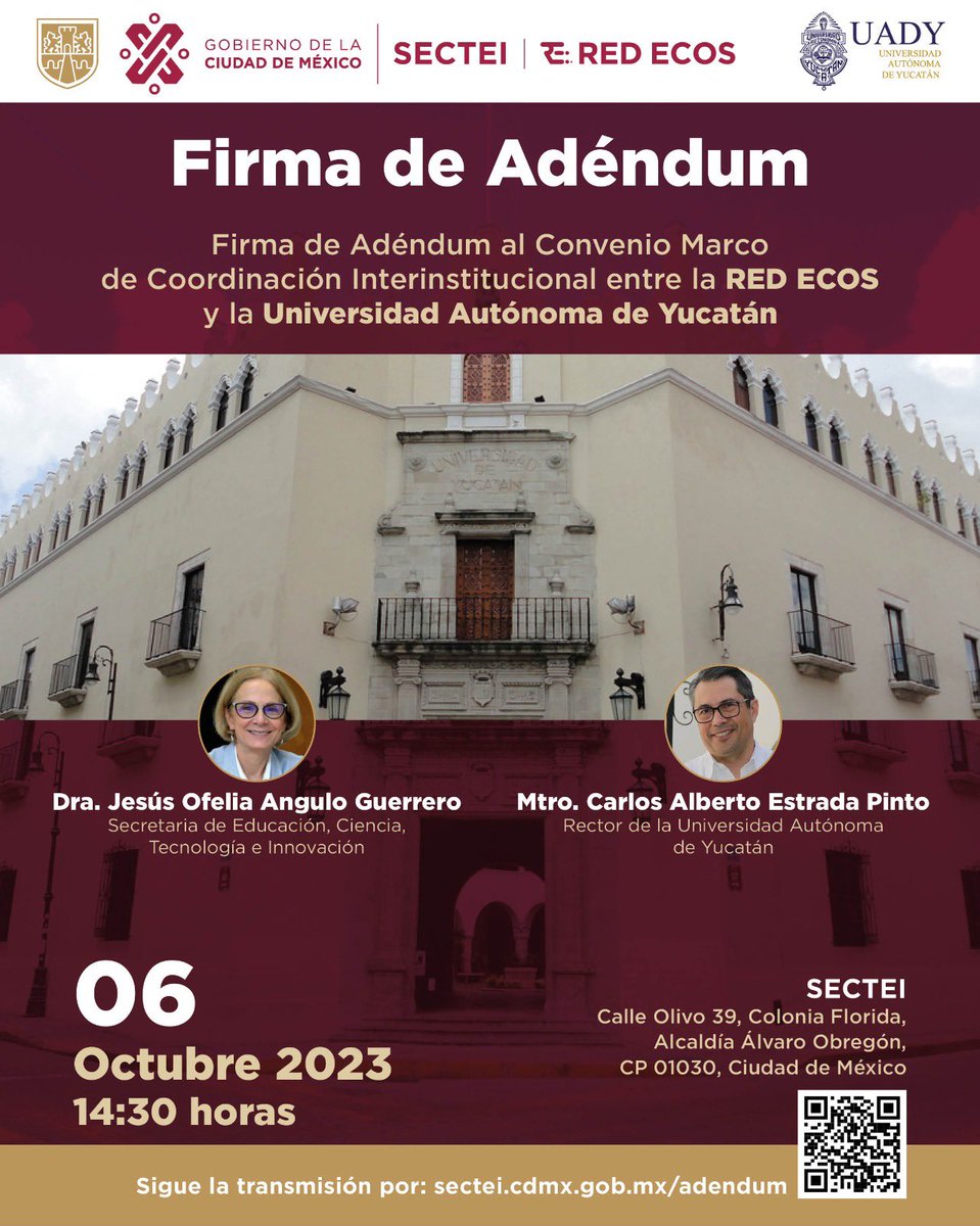 Ofelia Angulo (@ofeliaangulo_) on Twitter photo Este próximo viernes 6 de octubre no puedes perderte la Firma de Adéndum al convenio marco de coordinación interinstitucional entre la <a href="/Red_ECOs/">Red ECOs CDMX</a> y la Universidad Autónoma de Yucatán.
En punto de las 14:30 horas sigue la transmisión #EnVivo
sectei.cdmx.gob.mx/adendum Este próximo viernes 6 de octubre no puedes perderte la Firma de Adéndum al convenio marco de coordinación interinstitucional entre la <a href="/Red_ECOs/">Red ECOs CDMX</a> y la Universidad Autónoma de Yucatán.
En punto de las 14:30 horas sigue la transmisión #EnVivo
sectei.cdmx.gob.mx/adendum