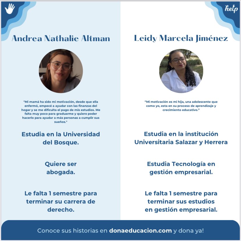 Te invitamos a conocer a Andrea y a Leidy! Dos mujeres verracas que necesitan de una mano amiga para culminar sus estudios !! 

Conócelas y dónales desde 5 mil pesos aquí:

linktr.ee/fhelp

¡Entre más manos, más ayudamos!