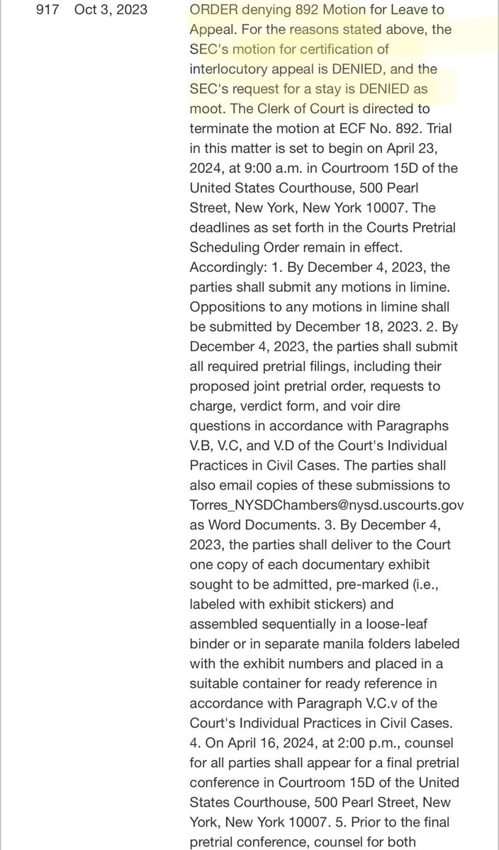EleanorTerrett's tweet photo. The @SECGov’s motion for leave to file an interlocutory appeal in the @Ripple case has been DENIED. 👇🏼 

“…the SEC's motion for certification of interlocutory appeal is DENIED, and the SEC's request for a stay is DENIED as moot.” 

Full doc here: https://t.co/VzhzrleM85 https://t.co/krt6uEaU8e