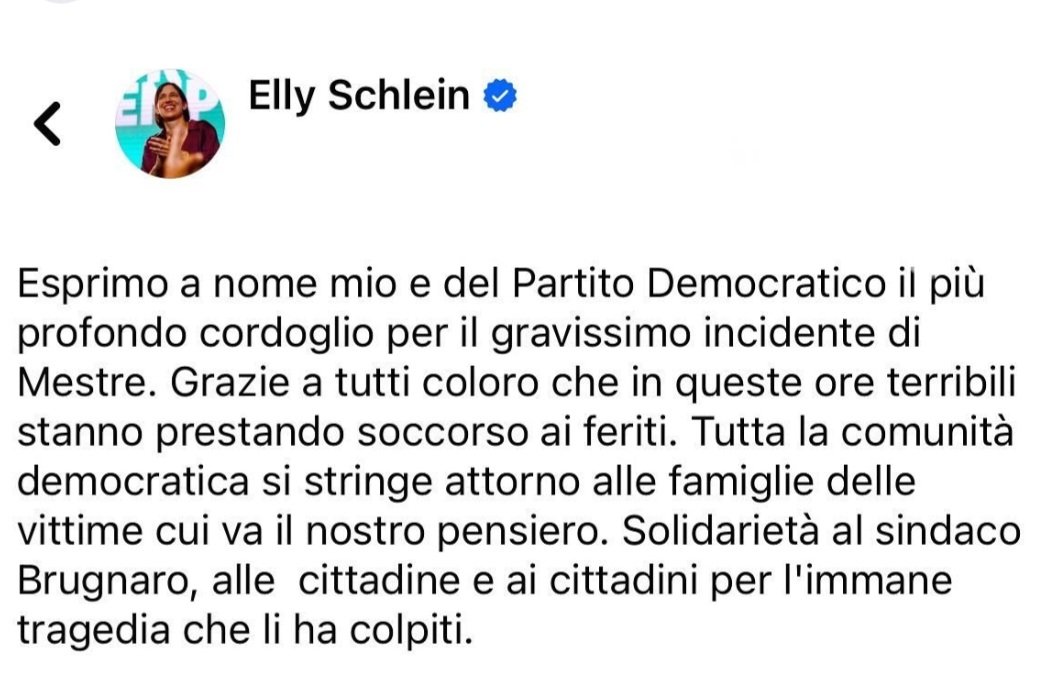 Esprimiamo il nostro cordoglio per le vittime di questa immane tragedia e siamo vicini al dolore delle famiglie. Solidarietà al Sindaco Brugnaro, alle cittadine e ai cittadini di Mestre.