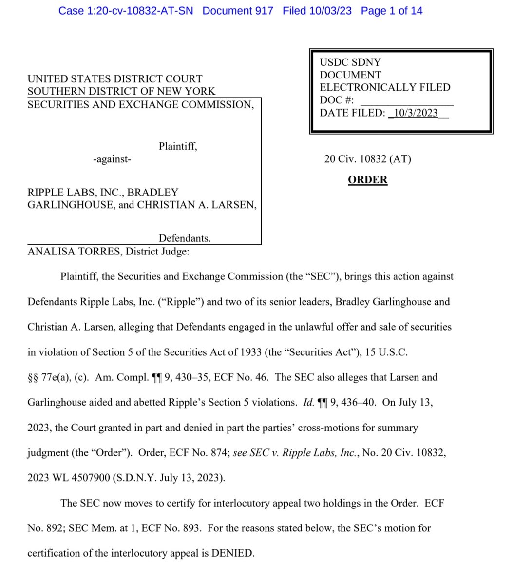 BOOOOOOOOOOOOOOOOOM!!!! Green light for institutions and Banks in the United States of America. 🇺🇲 Judge Torres denied the SEC appeal! Congrats #XRPHolders, you deserve it.