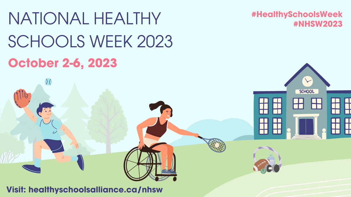 Join us for first National #HealthySchoolsWeek this October 2-6th! Learn more at 
healthyschoolsalliance.ca/nhsw 

 Plan, prioritize &amp; engage in #HealthySchools conversations early in the year! Be sure to register your school community for #HSCert 2023/2024: healthyschools.ca