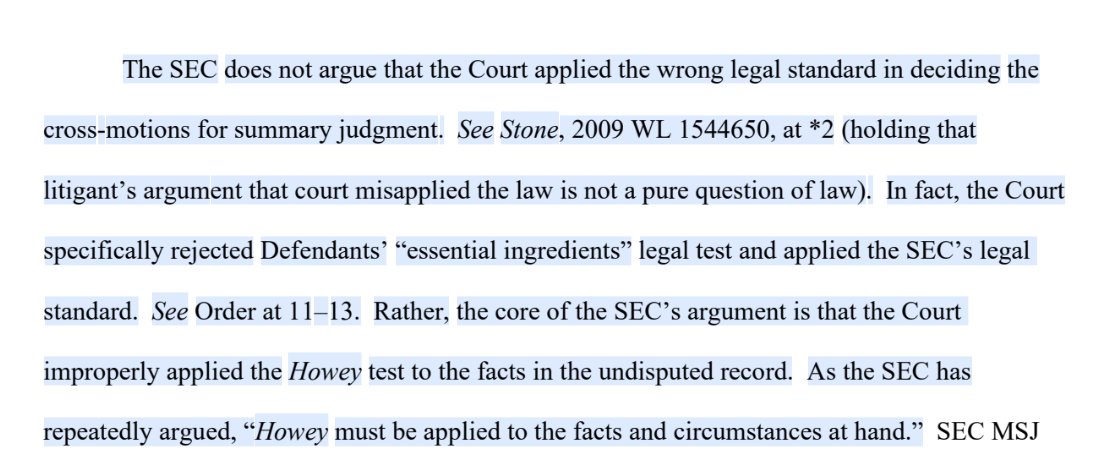 WKahneman's tweet photo. In denying the SEC's interlocutory appeal, the court exposes how the SEC argued for Howey application, not larger questions of law (which Ripple, et al, argued).  Then in appeal, the SEC reversed tack. Now the court asserts their proper interpretation of Investment contract"! https://t.co/nNsDqDemzO