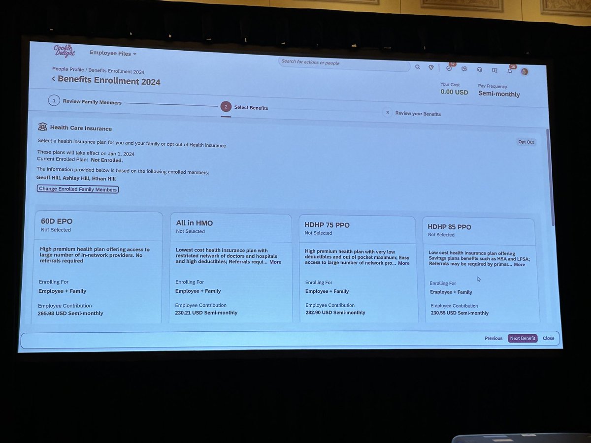 Refreshed benefits enrollment UI. Looks much more engaging. May be time for US customers to give EC Benefits a second look as it’s already included in their EC license. #successconnect