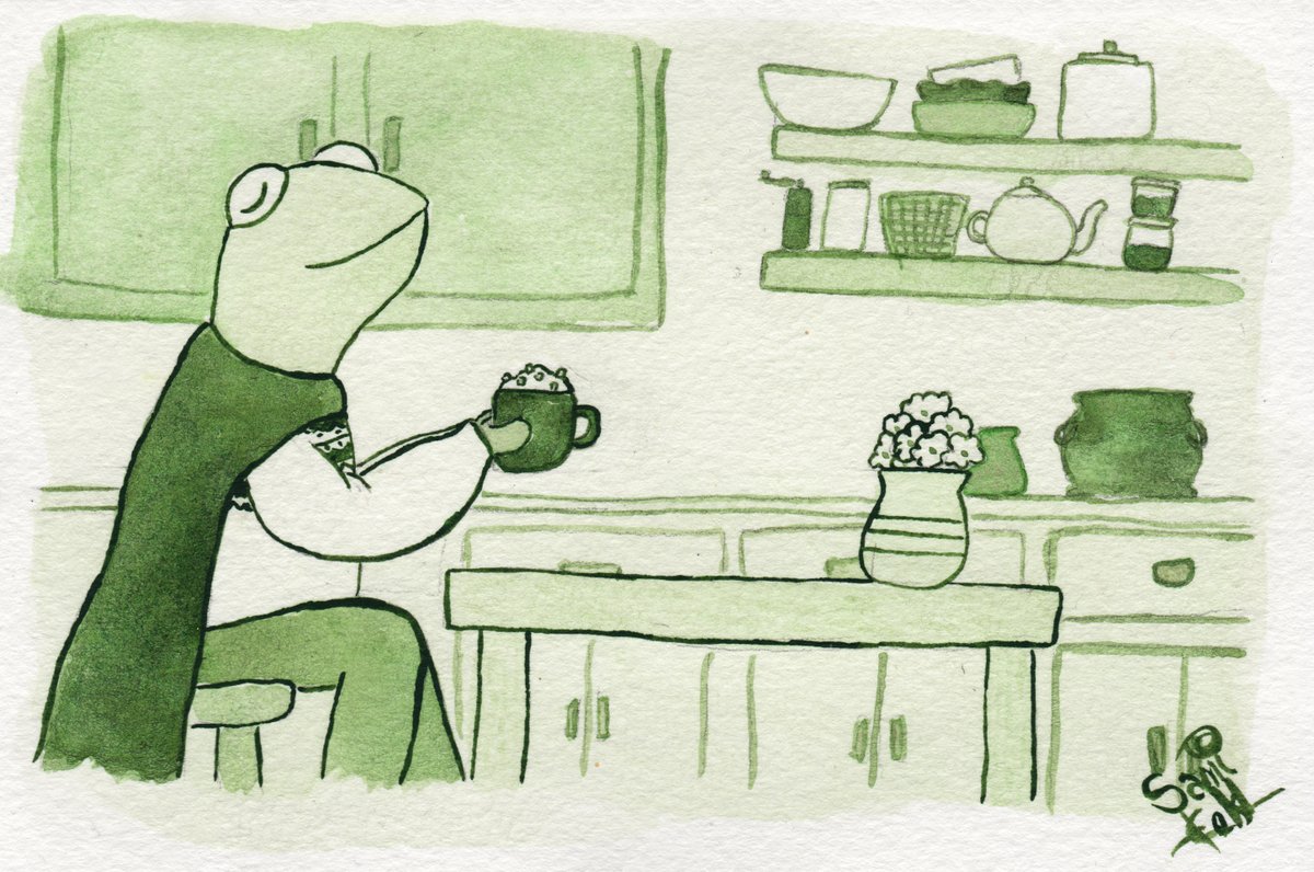 samikelsh's tweet image. day 3 of #StreamINK2023 is peace!
and i could think of nothing more peaceful than my good friend terry the forg mage enjoying a lovely hot chocolate.
thanks to aprilreid for the prompt, and to @StreamINK_ x

#frogcore #froggo #cozy