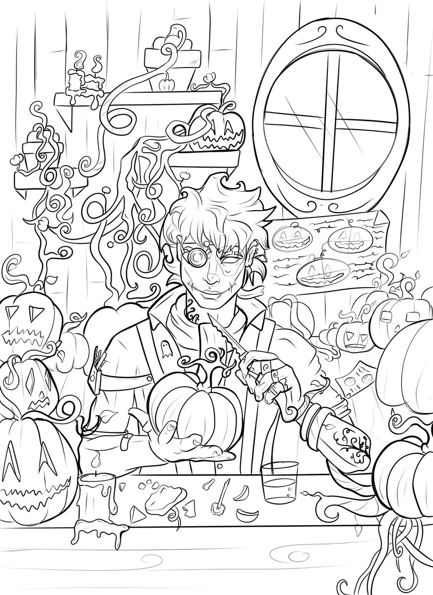 Coppertailwolf's tweet photo. Jack is here to carve your lanterns and your hearts. Going to take forever to paint and idk when I’ll get around to it so have some line art🎃(ignore how messy the background is, paint fixes all👍🏻 #arrtclub #arrtfuloctober #halloweenart #jackolantern https://t.co/hXFBl1rfQi