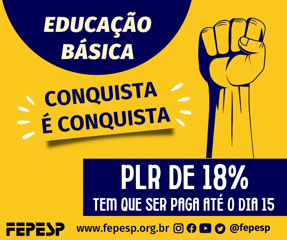 fepesp's tweet image. PAGAMENTO DA PLR - Professoras e #professores da Educação Básica devem receber, até 15 de outubro, a Participação nos Lucros e Resultados (PLR), que corresponde a 18% do salário e pode ser paga também como abono.

Leia - bit.ly/3Q2ohWq
