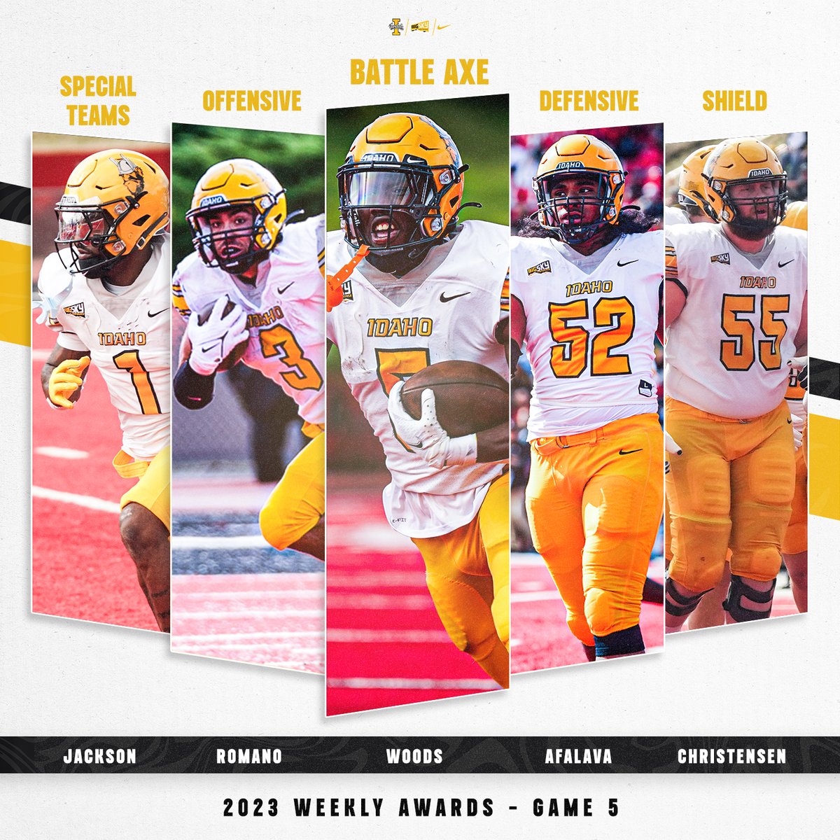 VandalFootball's tweet photo. Time for week five Players of the Game!

🪓 @Anthony1_woods 
OVMP: @RomanoNick24 
DMVP: @dallasafalava
STMVP:@d1_maineybo 
🛡️ @ab_chrstnsn 

#GoVandals https://t.co/opm0eFMFMM