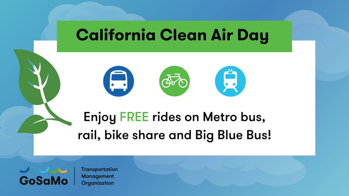 AskGoSaMo's tweet image. Tomorrow 10/4, @SMBigBlueBus and @metrolosangeles will offer FREE rides for #CaliforniaCleanAirDay! Explore actions to help clean the air and take the pledge - cleanairday.org/pledge/individ…

#GoSaMo #SantaMonica