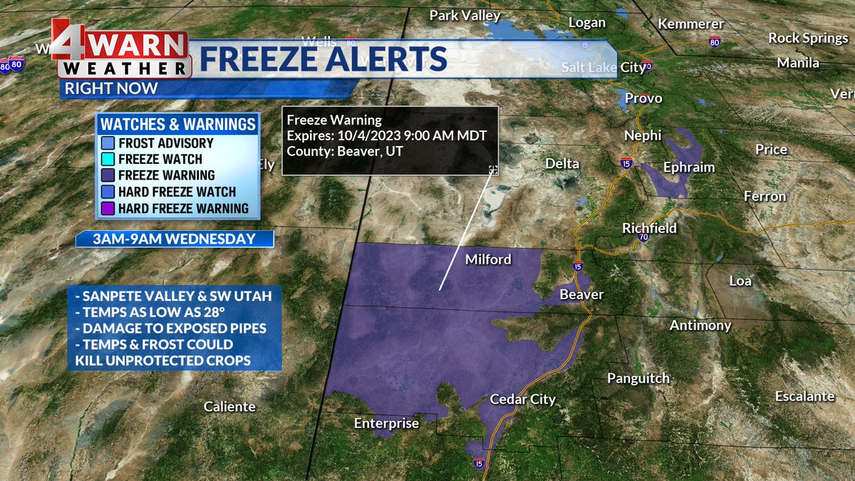 AlanaBrophyWX's tweet photo. CHILLY! A freeze warning has been issued in portions of Sanpete, Beaver, and Iron Counties for early Wednesday morning. Temperatures could drop to 28° posing a threat to unprotected crops and pipes. Keep warm, you've been #4warned! 
@ThomasGeboyWX @NateLarsenWX @Stormy_Sanders1 https://t.co/G9UtCSRDaH