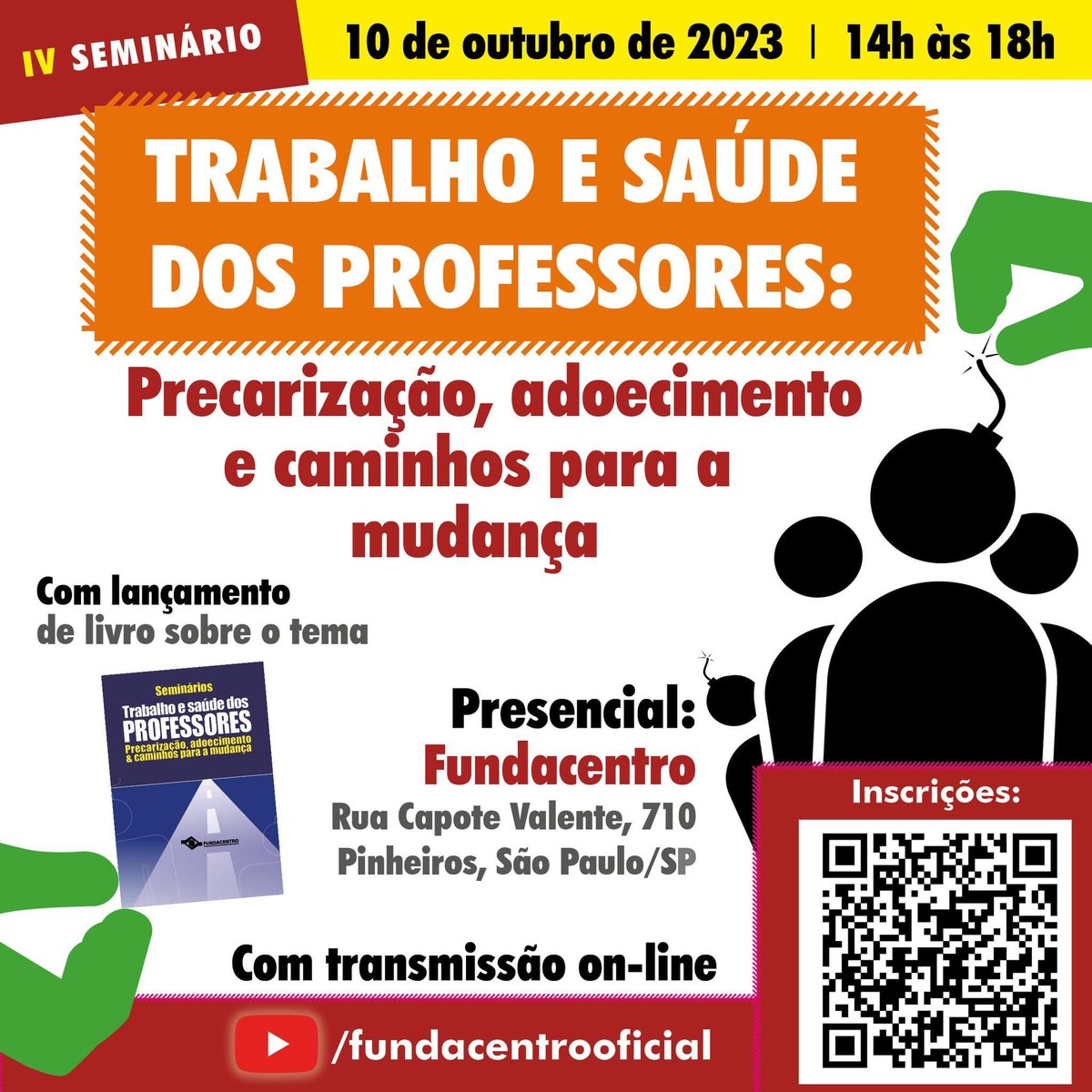 fepesp's tweet image. O Dia Nacional da Segurança e Saúde nas Escolas, 10 de outubro, foi a data escolhida para o IV Seminário: Trabalho e Saúde dos Professores - Precarização, adoecimento e caminhos para a mudança. O evento será na Fundacentro, com transmissão no YouTube. encurtador.com.br/dgETY