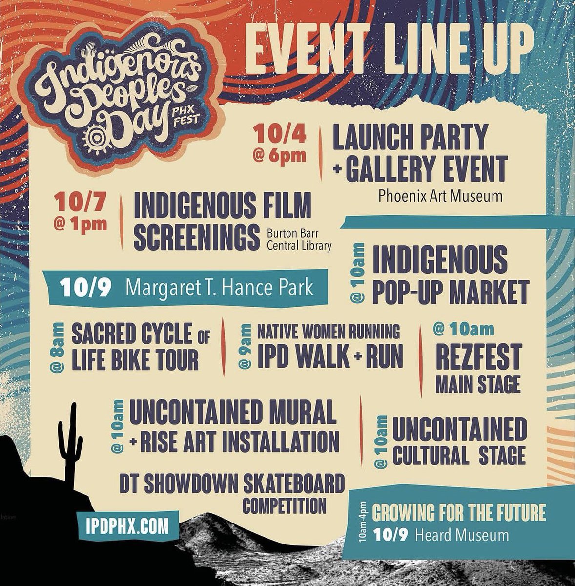 CahokiaPhx's tweet photo. Attention: here is the Official Schedule of Events for Indigenous Peoples’ Day Phx Fest 2023 ✌🏽from the kick-off tomorrow to Monday’s celebration 🎉 #IndigenousPeoplesDay #ipdphx #skoden #NativeTwitter https://t.co/Lp9N8hv53T