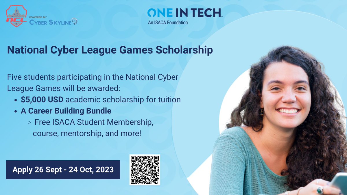 One In Tech, an ISACA Foundation (@weareoneintech) on Twitter photo Calling all <a href="/NatlCyberLeague/">National Cyber League (NCL)</a> participants! π If you're passionate about #cybersecurity or #informationassurance, apply now for the National Cyber League Games #Scholarship. π Apply by Oct 24th: bit.ly/3PHRG6V
<a href="/ISACANews/">ISACA Global</a> <a href="/Cyber_Skyline/">Cyber Skyline</a> #OITscholarships Calling all <a href="/NatlCyberLeague/">National Cyber League (NCL)</a> participants! π If you're passionate about #cybersecurity or #informationassurance, apply now for the National Cyber League Games #Scholarship. π Apply by Oct 24th: bit.ly/3PHRG6V
<a href="/ISACANews/">ISACA Global</a> <a href="/Cyber_Skyline/">Cyber Skyline</a> #OITscholarships