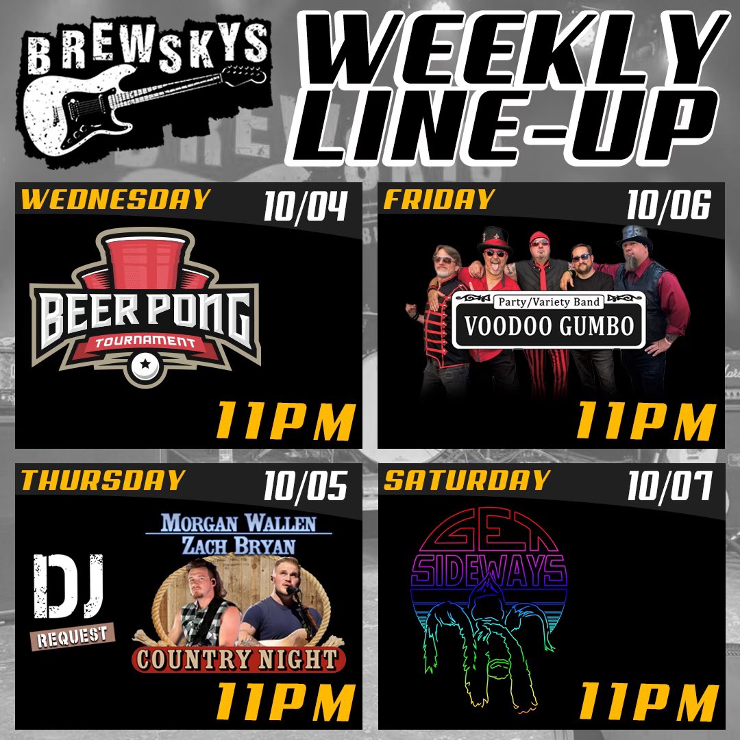 HUGE Homecoming Lineup at Brewskys this weekend!! 
Wednesday-Beer Pong with .50 cent wings and $4 beer pitchers with $12 well drink pitchers and $5 Brewskys punch all night!!