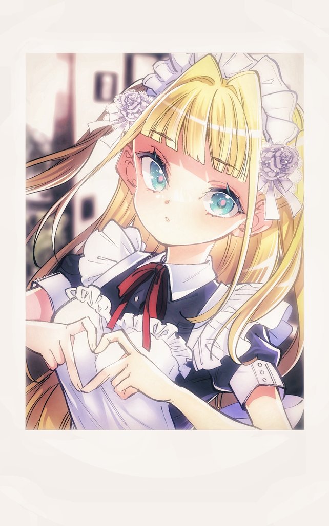 1girl solo maid blonde hair maid headdress apron heart hands  illustration images