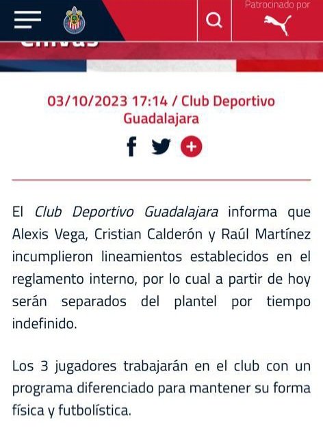 Hablemosdetrend's tweet photo. Alexis Vega, Chicote Calderón y Raúl Martínez serán separados del plantel de Chivas por tiempo indefinido.

Los jugadores incumplieron lineamientos establecidos en el reglamento interno.

🎃No olvides seguirnos para más contenido🎃
#Chvas #AlexisVega #ChicoteCalderon #Futbol https://t.co/oJfpoazgL1