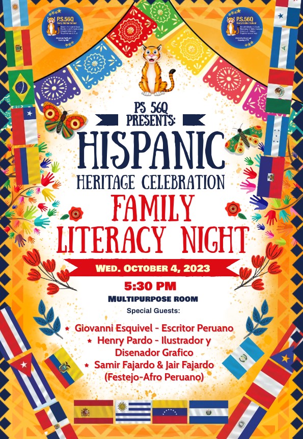 Happening Tomorrow... PS 56Q Celebrates Hispanic Heritage Month with a Family Literacy Night! <a href="/D27NYC/">Community School District 27</a> <a href="/DOEChancellor/">Chancellor Melissa Aviles-Ramos</a> <a href="/NYCSchools/">NYC Public Schools</a> <a href="/HispanicFed/">Hispanic Federation</a> <a href="/henrytpardo/">Henrytpardo</a> @elgovia27 @ps56harryeichler