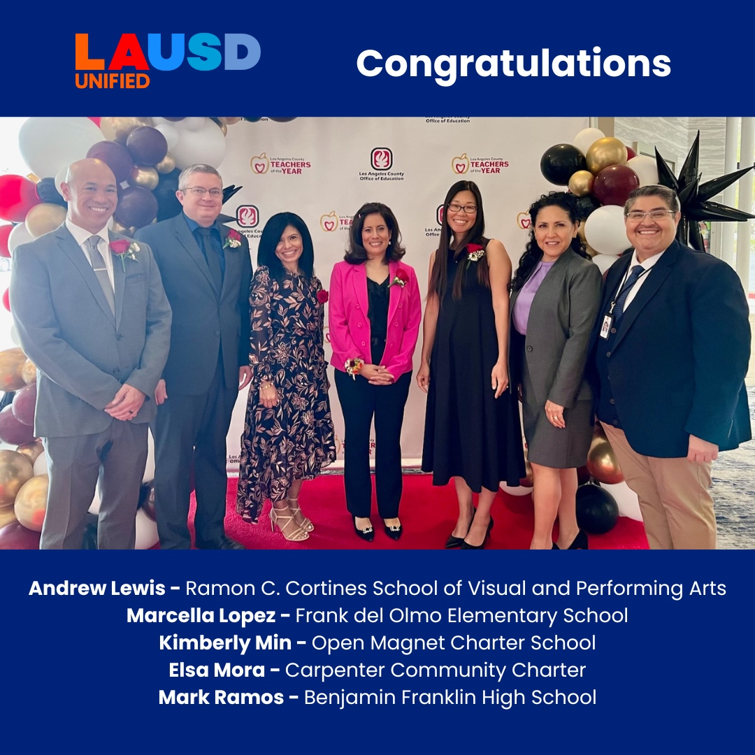 Congratulations to our five Teachers of the Year who advanced to the @LosAngelesCOE competition and who were recognized by the county this year. Their dedication and passion for teaching will continue to shape and inspire our students and school communities.