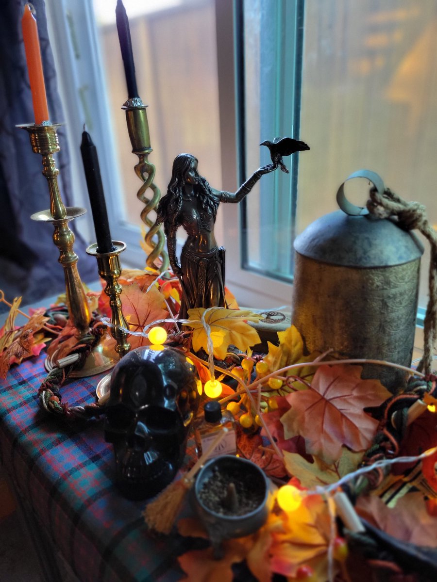 Autumn/Samhain altar with Cernunnos and the Morrigan in their places