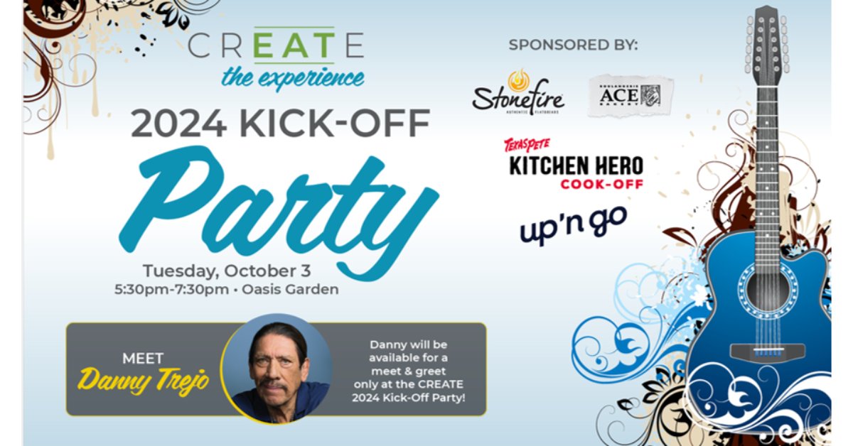 The CREATE 2024 Kick-Off Party starts tonight at 5:30 pm. Party with us Nashville style and meet keynote speaker Danny Trejo! A special thanks to our Kick-Off party sponsors Stonefire Authentic Flatbreads, ACE Bakery, Texas Pete Kitchen Hero Cook-Off and Up’n go. #CREATEtogether