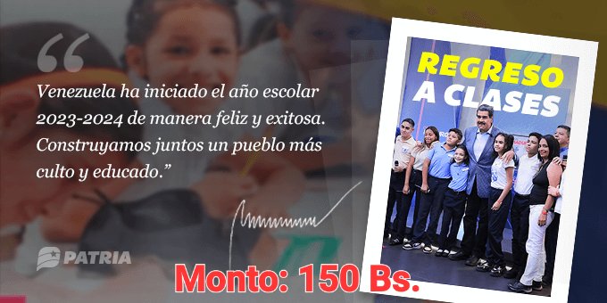 #QueNotaRegresarAClases
Inicia la entrega del Bono Regreso a clases enviado por nuestro Presidente Nicolás Maduro a través de la Plataforma Patria. La entrega tendrá lugar entre los días 03 al 15 de octubre de 2023.