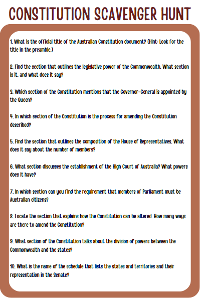 HASSWA5's tweet photo. Chat GPT came up with this scavenger hunt for the Australian Constitution- Says Queen because of the lag with info- quick fix though. #HASS #HASSWA #AI #WAeducation https://t.co/u9iE5wYR3y