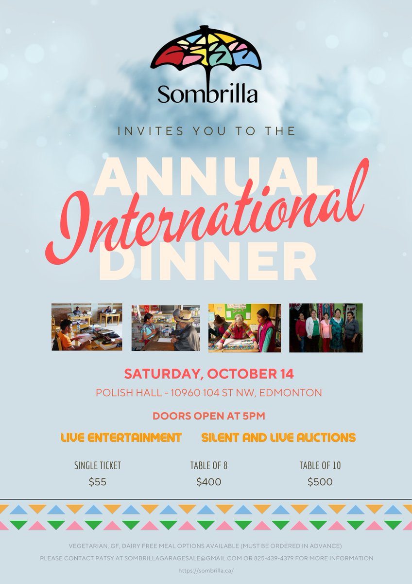 Join us to celebrate and support women’s rights in Latin America at Sombrilla’s International Fundraising Dinner!

Saturday, October 14, 2022
5:00 - 9:30 PM
Polish Hall - 10960 104 Street NW, Edmonton, AB, T5H 2W6
Buy Tickets on Eventbrite: eventbrite.ca/e/sombrilla-in…

<a href="/ACGCNow/">ACGC</a>