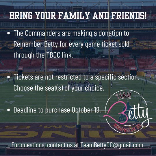 Tickets sales NOW open. Join us for a great day of football. Tickets are first come/first serve. No service/processing fees. Visit linktr.ee/teambettydc to claim your tickets.