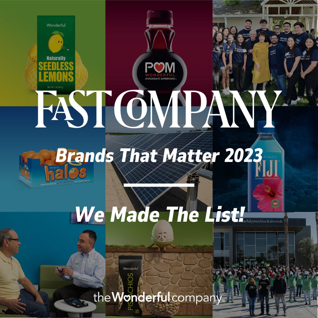 Wonderful is thrilled to be named one of @FastCompany's 'Brands That Matter'. Our iconic brands, including @WonderfulNuts, @POMWonderful, and @FIJIWater, were highlighted, as well as Wonderful Health & Wellness clinics. Learn more: csr.wonderful.com/articles/wonde… #FCBrandAwards