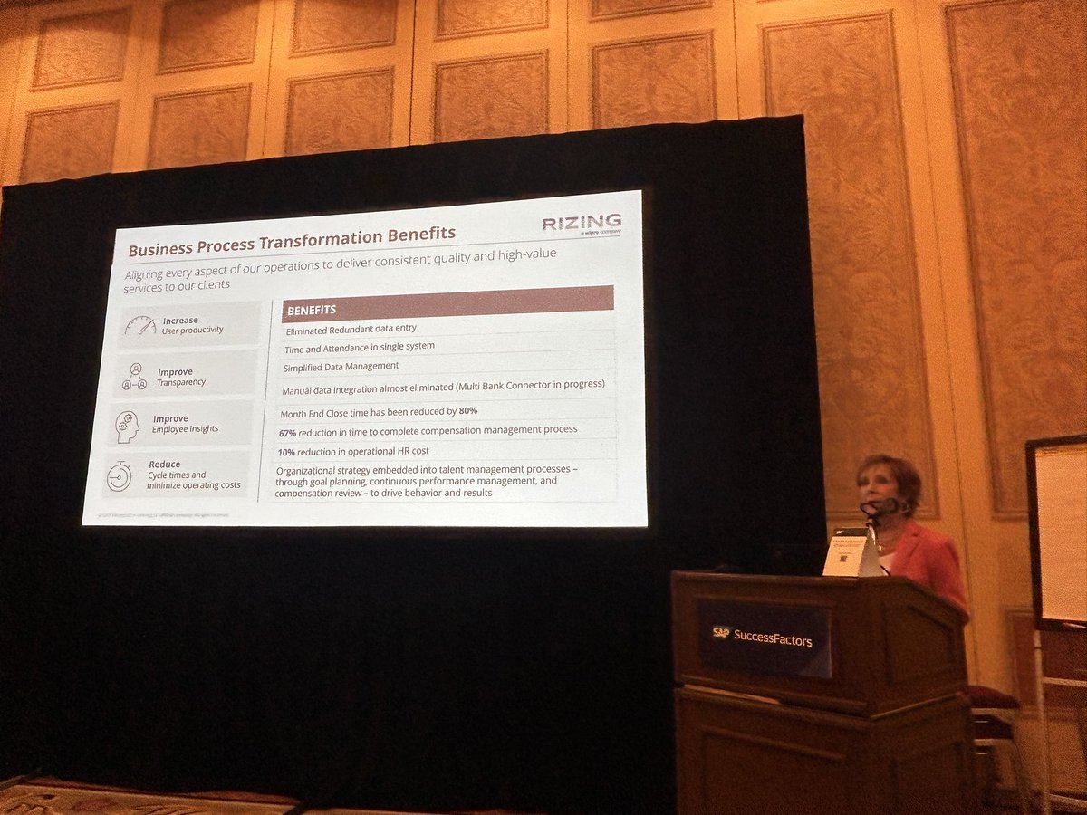 SherryanneMeyer's tweet photo. The benefits of #BusinessTransformation are clear. @rizing aligned using @sap #S4HANA @successfactors. It’s not all about the technology. End-to-end processes helped achieve #totalworkforcemanagement #SuccessConnect https://t.co/z4cBvH0zps