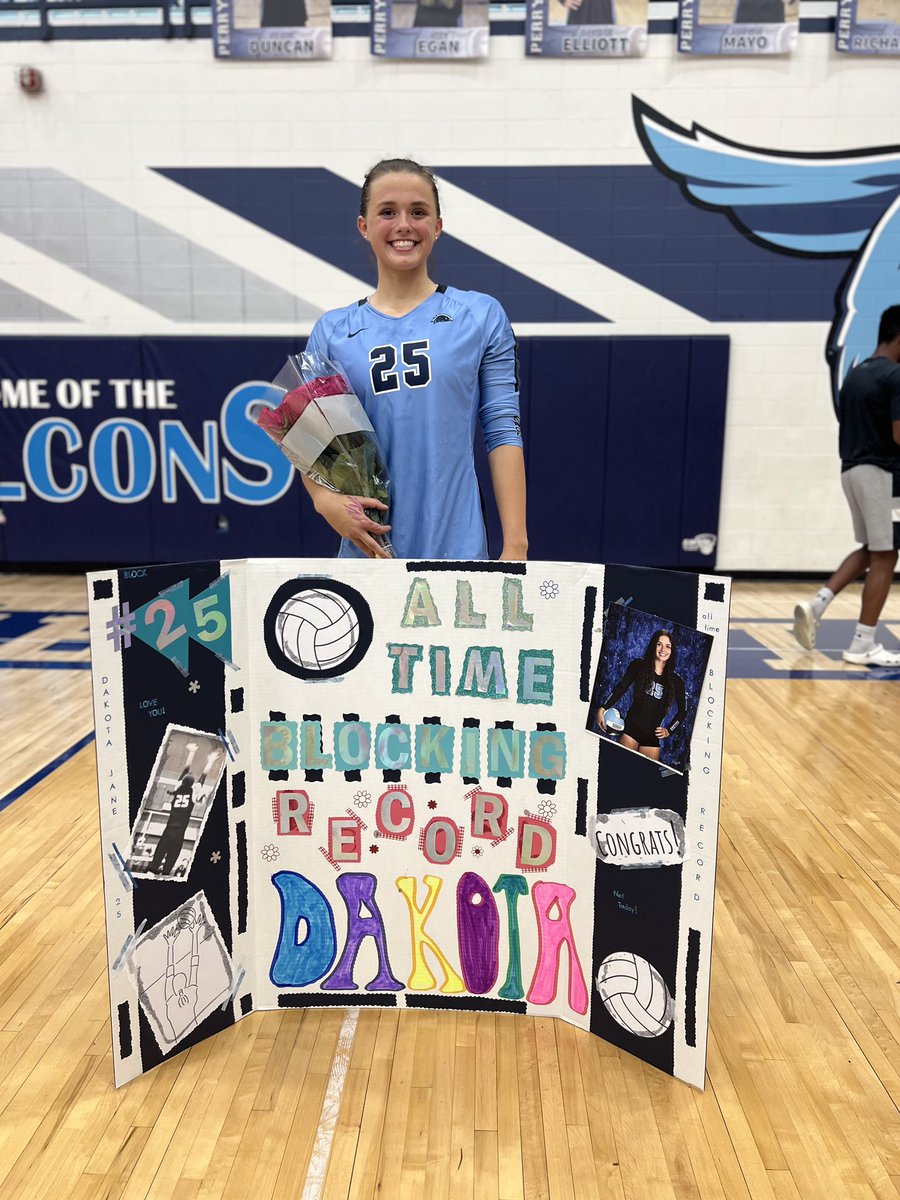 PMFalconsVB's tweet photo. History made tonight. Senior @kotaelliott gets the blocking record! Way to go Kota!! @PMFalconSports @BRADLEYvolley https://t.co/luAzTTlIzG
