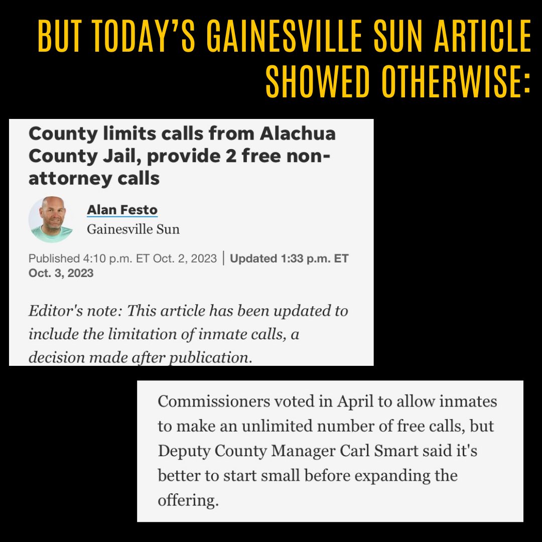 FL_Abolition's tweet photo. URGENT PHONE AND EMAIL ZAP- ALACHUA SHERIFF IS BACKTRACKING ON FREE UNLIMITED PHONE CALLS AT THE JAIL

This morning we found out that the new DeSantis-appointed Sheriff has unilaterally backtracked on the Commissions April vote to make all phone calls free and unlimited. https://t.co/OjBRsdZjpb